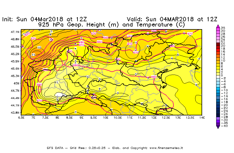 Mappa di analisi GFS - Geopotenziale [m] e Temperatura [°C] a 925 hPa in Nord-Italia
									del 04/03/2018 12 <!--googleoff: index-->UTC<!--googleon: index-->