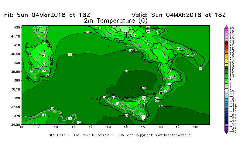 Mappa di analisi GFS - Temperatura a 2 metri dal suolo [°C] in Sud-Italia
									del 04/03/2018 18 <!--googleoff: index-->UTC<!--googleon: index-->