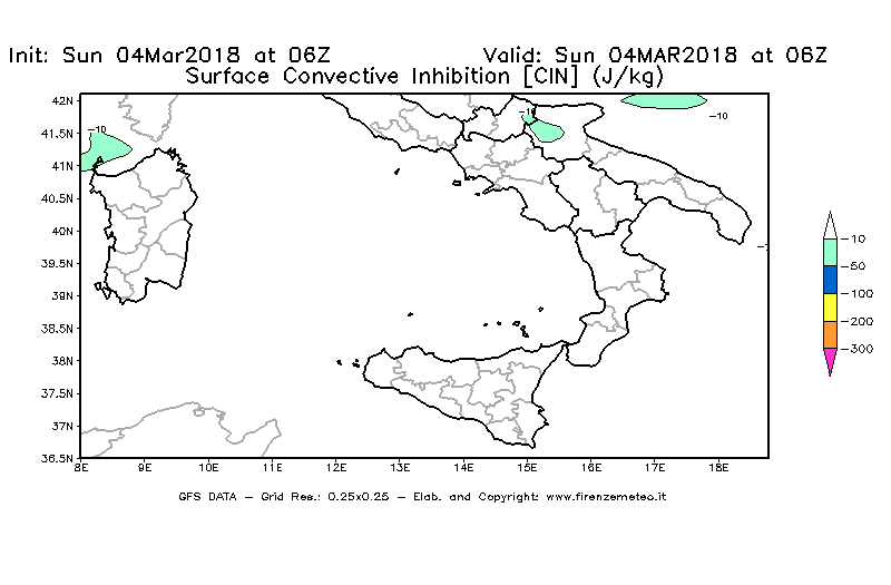 Mappa di analisi GFS - CIN [J/kg] in Sud-Italia
									del 04/03/2018 06 <!--googleoff: index-->UTC<!--googleon: index-->