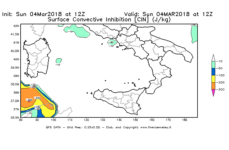 Mappa di analisi GFS - CIN [J/kg] in Sud-Italia
									del 04/03/2018 12 <!--googleoff: index-->UTC<!--googleon: index-->
