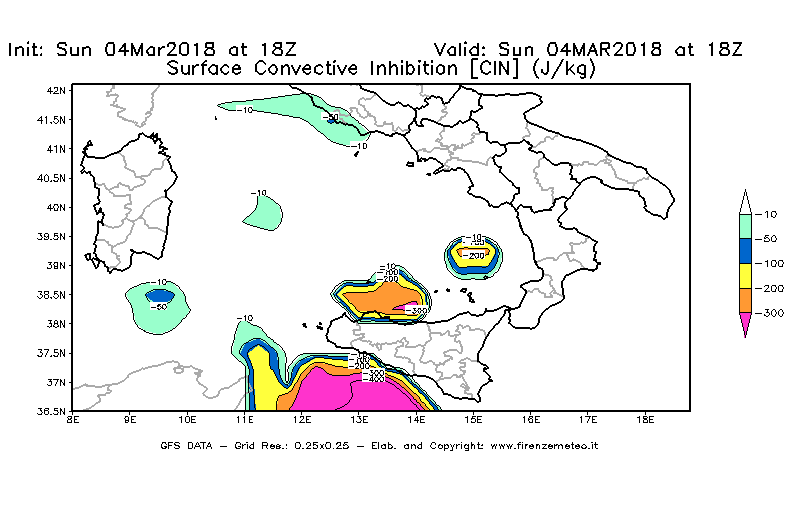 Mappa di analisi GFS - CIN [J/kg] in Sud-Italia
									del 04/03/2018 18 <!--googleoff: index-->UTC<!--googleon: index-->
