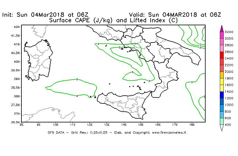 Mappa di analisi GFS - CAPE [J/kg] e Lifted Index [°C] in Sud-Italia
									del 04/03/2018 06 <!--googleoff: index-->UTC<!--googleon: index-->