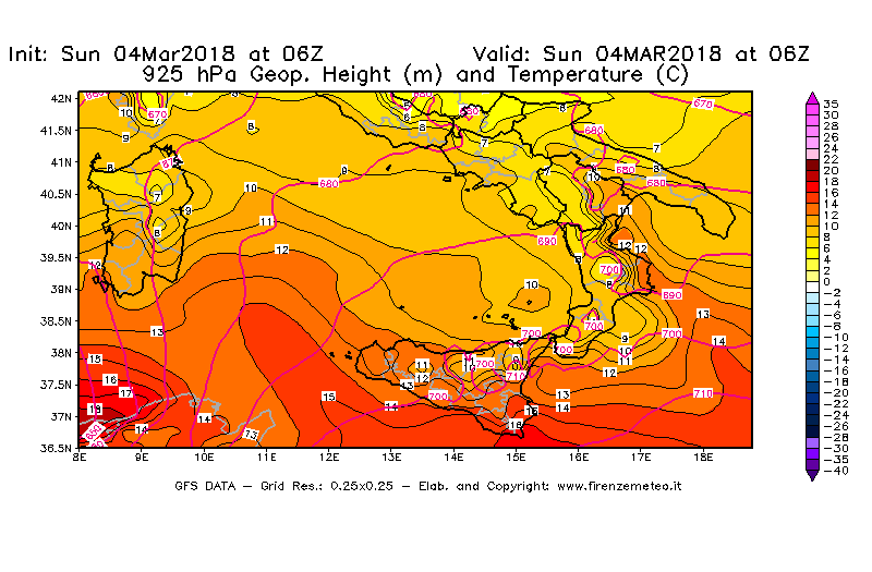 Mappa di analisi GFS - Geopotenziale [m] e Temperatura [°C] a 925 hPa in Sud-Italia
									del 04/03/2018 06 <!--googleoff: index-->UTC<!--googleon: index-->