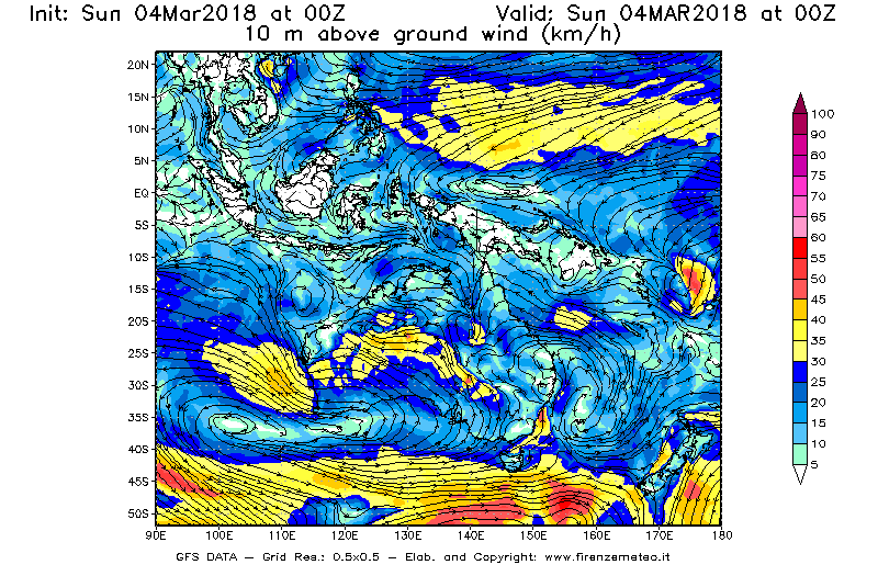 Mappa di analisi GFS - Velocità del vento a 10 metri dal suolo [km/h] in Oceania
									del 04/03/2018 00 <!--googleoff: index-->UTC<!--googleon: index-->