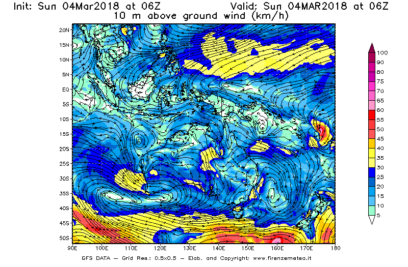 Mappa di analisi GFS - Velocità del vento a 10 metri dal suolo [km/h] in Oceania
									del 04/03/2018 06 <!--googleoff: index-->UTC<!--googleon: index-->
