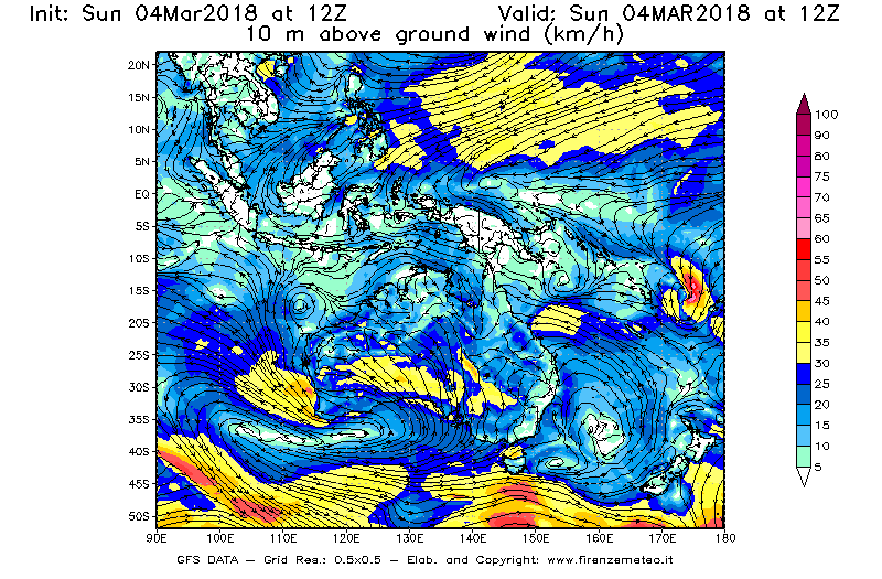 Mappa di analisi GFS - Velocità del vento a 10 metri dal suolo [km/h] in Oceania
									del 04/03/2018 12 <!--googleoff: index-->UTC<!--googleon: index-->