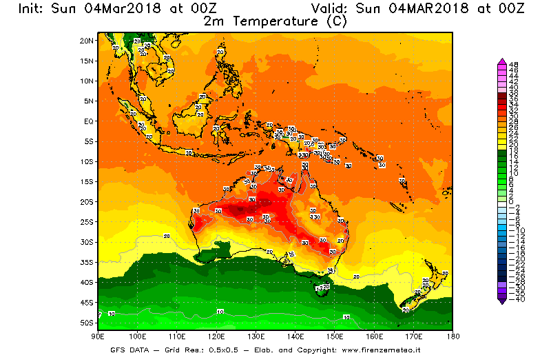 Mappa di analisi GFS - Temperatura a 2 metri dal suolo [°C] in Oceania
									del 04/03/2018 00 <!--googleoff: index-->UTC<!--googleon: index-->