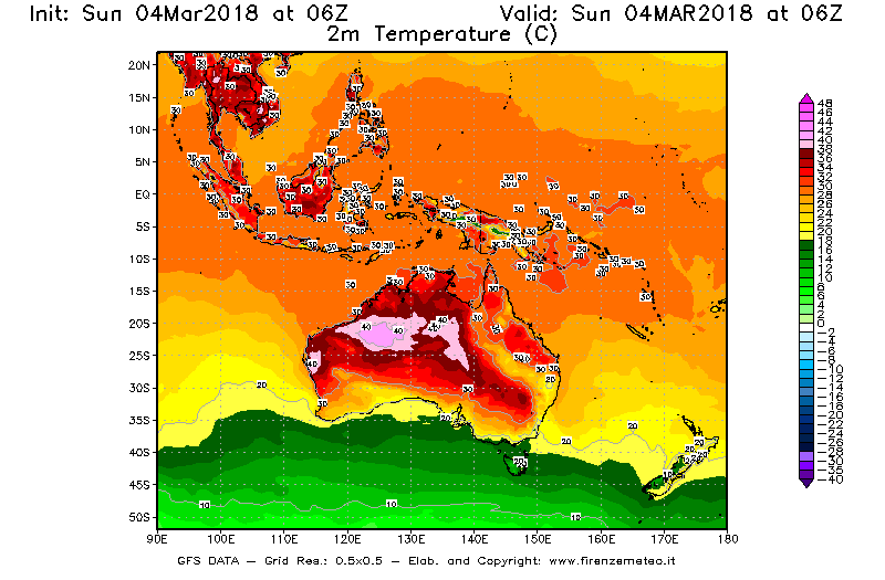 Mappa di analisi GFS - Temperatura a 2 metri dal suolo [°C] in Oceania
									del 04/03/2018 06 <!--googleoff: index-->UTC<!--googleon: index-->