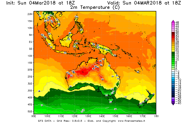 Mappa di analisi GFS - Temperatura a 2 metri dal suolo [°C] in Oceania
									del 04/03/2018 18 <!--googleoff: index-->UTC<!--googleon: index-->