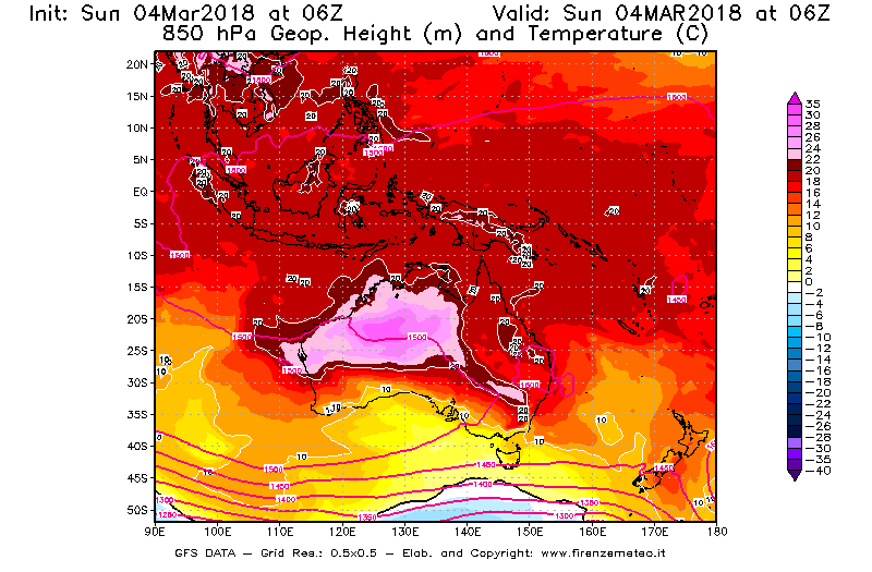 Mappa di analisi GFS - Geopotenziale [m] e Temperatura [°C] a 850 hPa in Oceania
									del 04/03/2018 06 <!--googleoff: index-->UTC<!--googleon: index-->