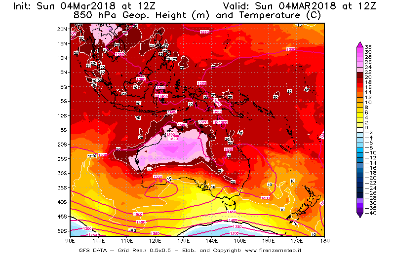 Mappa di analisi GFS - Geopotenziale [m] e Temperatura [°C] a 850 hPa in Oceania
									del 04/03/2018 12 <!--googleoff: index-->UTC<!--googleon: index-->