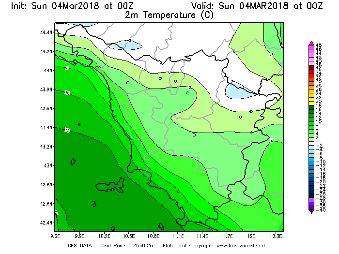 Mappa di analisi GFS - Temperatura a 2 metri dal suolo [°C] in Toscana
									del 04/03/2018 00 <!--googleoff: index-->UTC<!--googleon: index-->