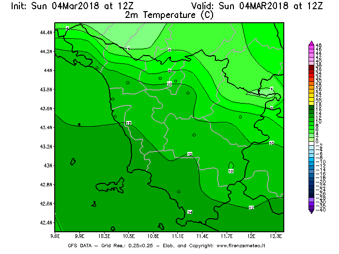 Mappa di analisi GFS - Temperatura a 2 metri dal suolo [°C] in Toscana
									del 04/03/2018 12 <!--googleoff: index-->UTC<!--googleon: index-->
