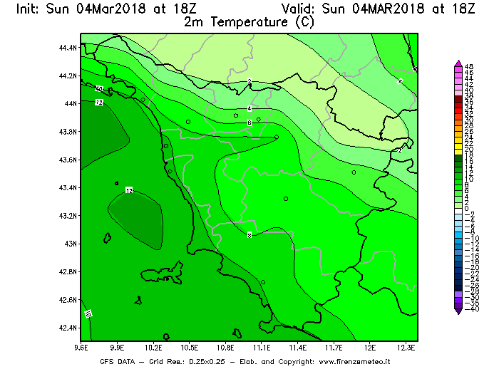 Mappa di analisi GFS - Temperatura a 2 metri dal suolo [°C] in Toscana
									del 04/03/2018 18 <!--googleoff: index-->UTC<!--googleon: index-->