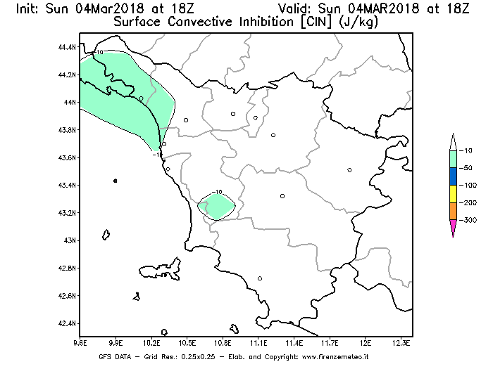 Mappa di analisi GFS - CIN [J/kg] in Toscana
									del 04/03/2018 18 <!--googleoff: index-->UTC<!--googleon: index-->