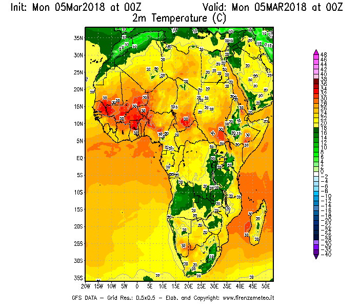 Mappa di analisi GFS - Temperatura a 2 metri dal suolo [°C] in Africa
							del 05/03/2018 00 <!--googleoff: index-->UTC<!--googleon: index-->