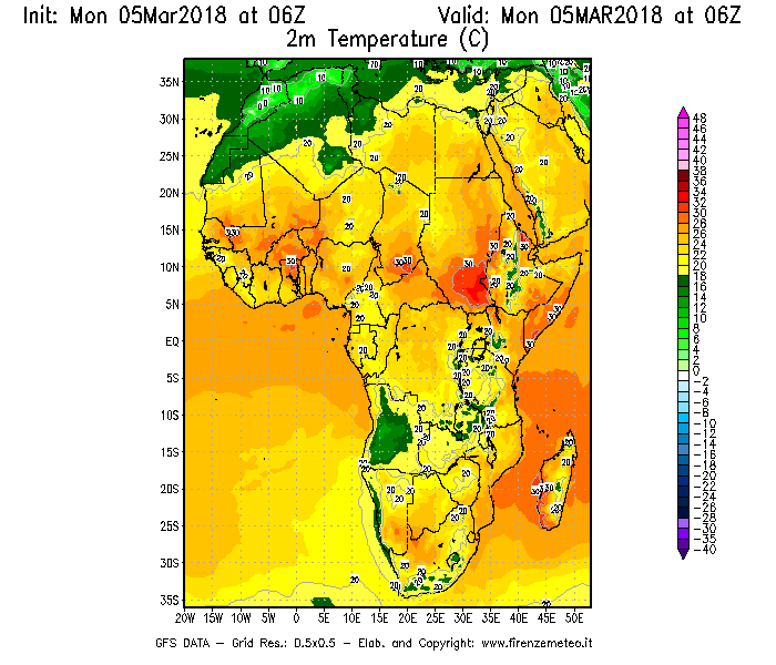 Mappa di analisi GFS - Temperatura a 2 metri dal suolo [°C] in Africa
							del 05/03/2018 06 <!--googleoff: index-->UTC<!--googleon: index-->