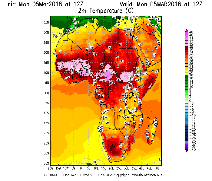 Mappa di analisi GFS - Temperatura a 2 metri dal suolo [°C] in Africa
							del 05/03/2018 12 <!--googleoff: index-->UTC<!--googleon: index-->