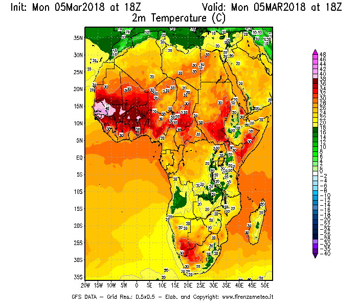 Mappa di analisi GFS - Temperatura a 2 metri dal suolo [°C] in Africa
							del 05/03/2018 18 <!--googleoff: index-->UTC<!--googleon: index-->