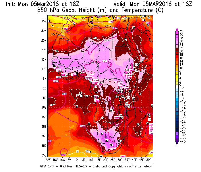 Mappa di analisi GFS - Geopotenziale [m] e Temperatura [°C] a 850 hPa in Africa
							del 05/03/2018 18 <!--googleoff: index-->UTC<!--googleon: index-->