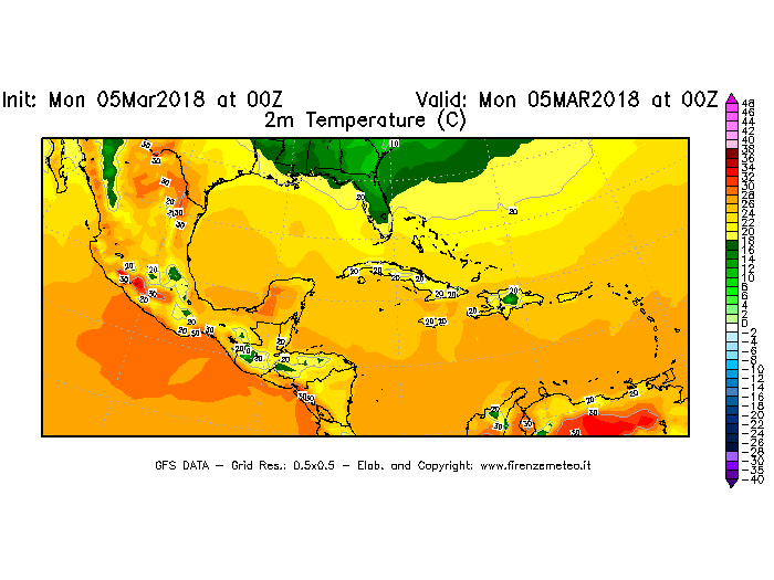 Mappa di analisi GFS - Temperatura a 2 metri dal suolo [°C] in Centro-America
							del 05/03/2018 00 <!--googleoff: index-->UTC<!--googleon: index-->