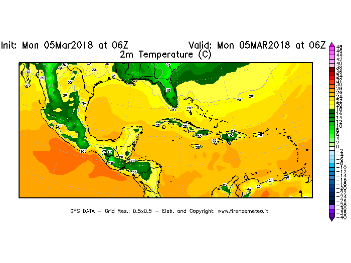 Mappa di analisi GFS - Temperatura a 2 metri dal suolo [°C] in Centro-America
							del 05/03/2018 06 <!--googleoff: index-->UTC<!--googleon: index-->
