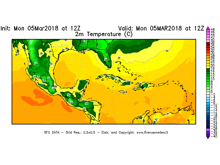 Mappa di analisi GFS - Temperatura a 2 metri dal suolo [°C] in Centro-America
							del 05/03/2018 12 <!--googleoff: index-->UTC<!--googleon: index-->