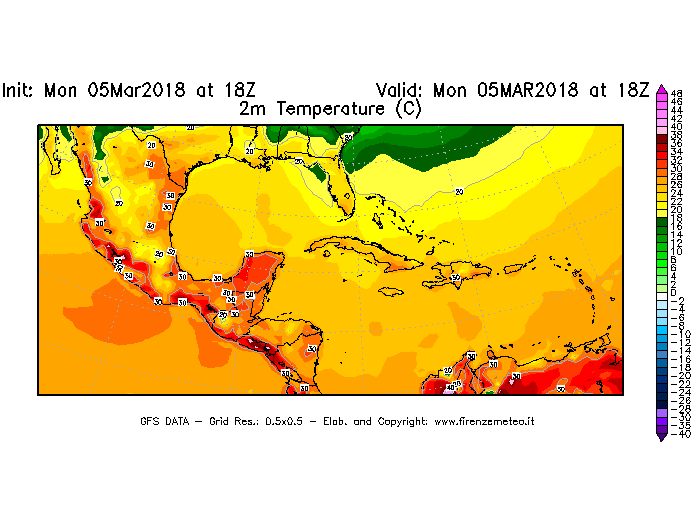 Mappa di analisi GFS - Temperatura a 2 metri dal suolo [°C] in Centro-America
							del 05/03/2018 18 <!--googleoff: index-->UTC<!--googleon: index-->