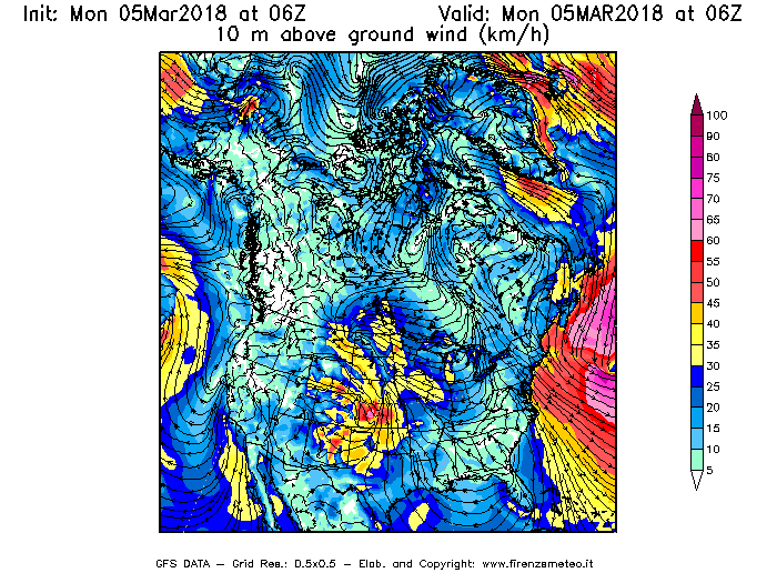 Mappa di analisi GFS - Velocità del vento a 10 metri dal suolo [km/h] in Nord-America
							del 05/03/2018 06 <!--googleoff: index-->UTC<!--googleon: index-->