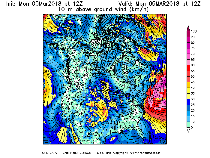Mappa di analisi GFS - Velocità del vento a 10 metri dal suolo [km/h] in Nord-America
							del 05/03/2018 12 <!--googleoff: index-->UTC<!--googleon: index-->