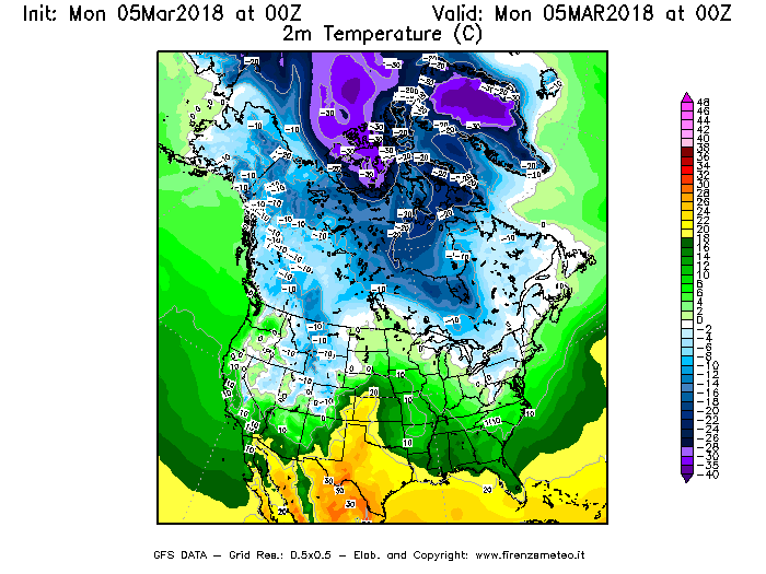 Mappa di analisi GFS - Temperatura a 2 metri dal suolo [°C] in Nord-America
							del 05/03/2018 00 <!--googleoff: index-->UTC<!--googleon: index-->