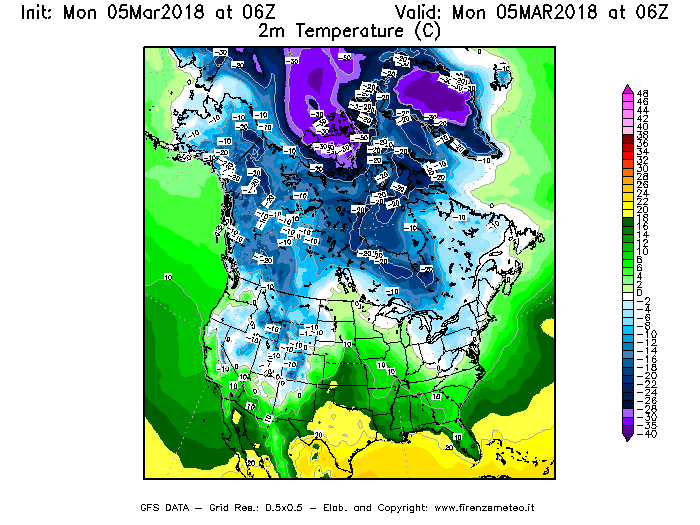 Mappa di analisi GFS - Temperatura a 2 metri dal suolo [°C] in Nord-America
							del 05/03/2018 06 <!--googleoff: index-->UTC<!--googleon: index-->