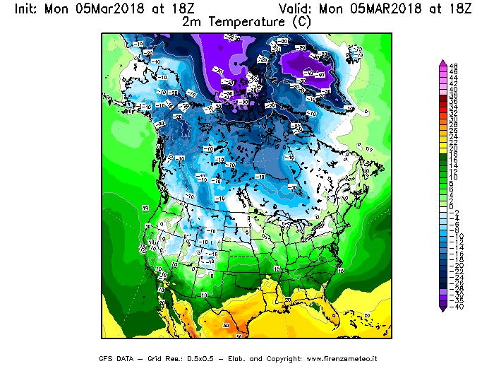 Mappa di analisi GFS - Temperatura a 2 metri dal suolo [°C] in Nord-America
							del 05/03/2018 18 <!--googleoff: index-->UTC<!--googleon: index-->