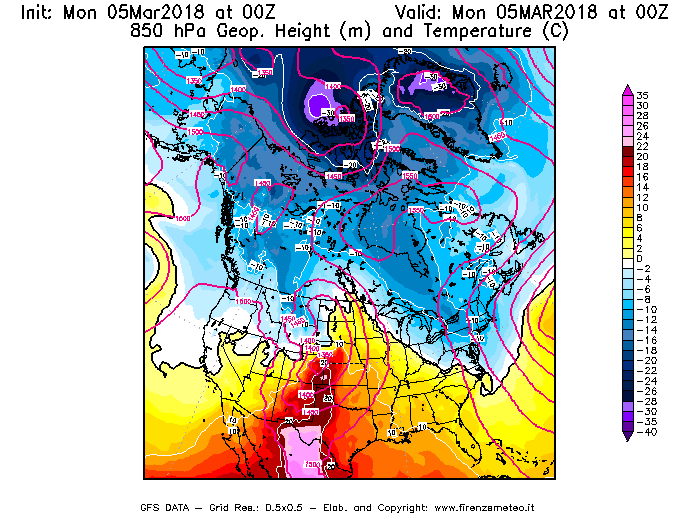 Mappa di analisi GFS - Geopotenziale [m] e Temperatura [°C] a 850 hPa in Nord-America
							del 05/03/2018 00 <!--googleoff: index-->UTC<!--googleon: index-->