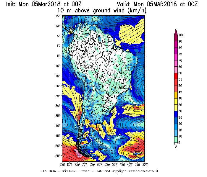 Mappa di analisi GFS - Velocità del vento a 10 metri dal suolo [km/h] in Sud-America
							del 05/03/2018 00 <!--googleoff: index-->UTC<!--googleon: index-->