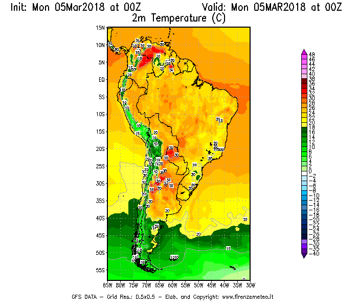 Mappa di analisi GFS - Temperatura a 2 metri dal suolo [°C] in Sud-America
							del 05/03/2018 00 <!--googleoff: index-->UTC<!--googleon: index-->