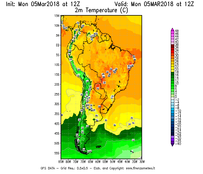 Mappa di analisi GFS - Temperatura a 2 metri dal suolo [°C] in Sud-America
							del 05/03/2018 12 <!--googleoff: index-->UTC<!--googleon: index-->