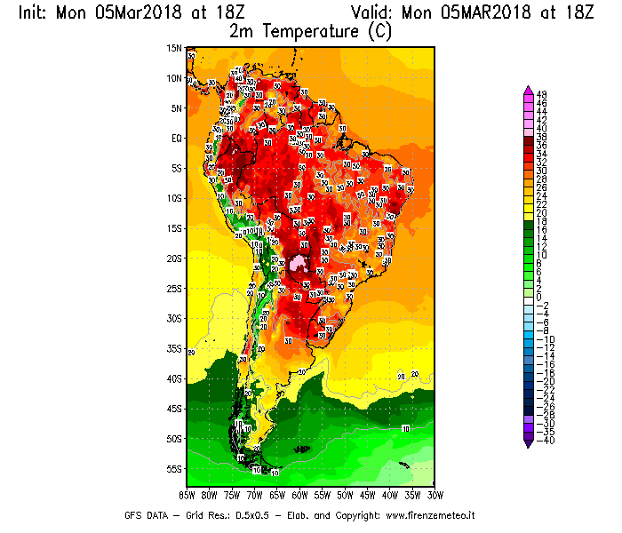 Mappa di analisi GFS - Temperatura a 2 metri dal suolo [°C] in Sud-America
							del 05/03/2018 18 <!--googleoff: index-->UTC<!--googleon: index-->