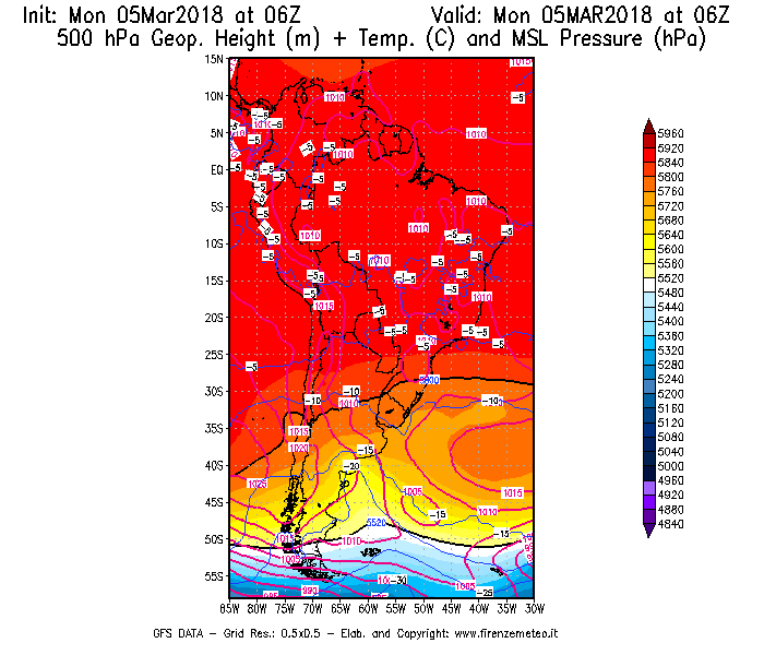 Mappa di analisi GFS - Geopotenziale [m] + Temp. [°C] a 500 hPa + Press. a livello del mare [hPa] in Sud-America
							del 05/03/2018 06 <!--googleoff: index-->UTC<!--googleon: index-->