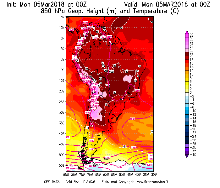 Mappa di analisi GFS - Geopotenziale [m] e Temperatura [°C] a 850 hPa in Sud-America
							del 05/03/2018 00 <!--googleoff: index-->UTC<!--googleon: index-->
