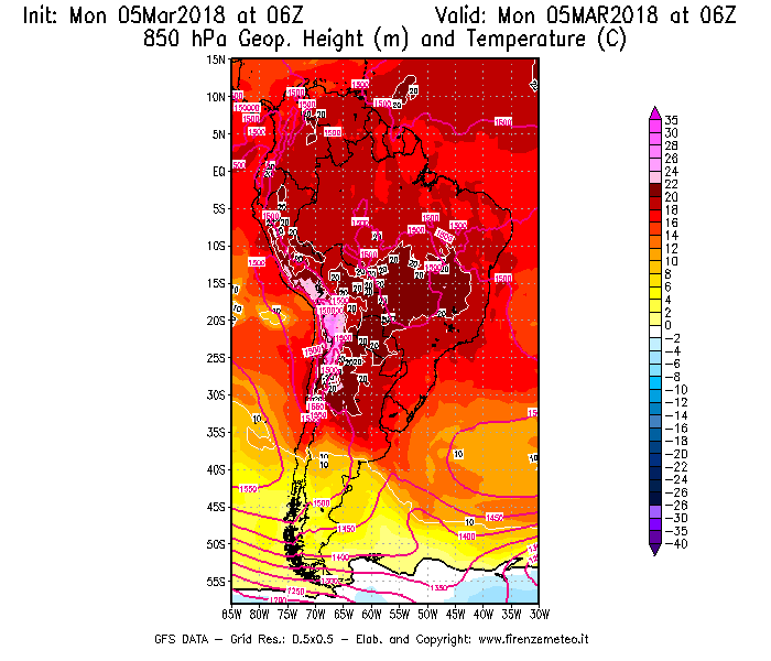 Mappa di analisi GFS - Geopotenziale [m] e Temperatura [°C] a 850 hPa in Sud-America
							del 05/03/2018 06 <!--googleoff: index-->UTC<!--googleon: index-->