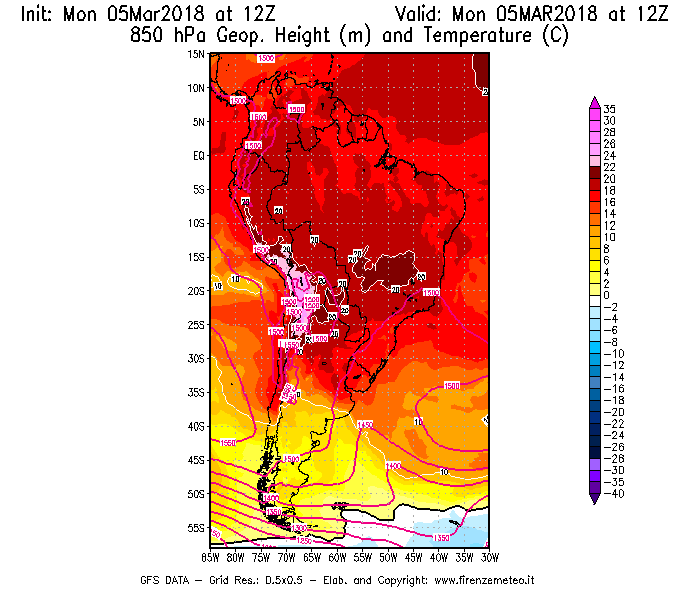 Mappa di analisi GFS - Geopotenziale [m] e Temperatura [°C] a 850 hPa in Sud-America
							del 05/03/2018 12 <!--googleoff: index-->UTC<!--googleon: index-->