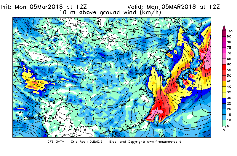Mappa di analisi GFS - Velocità del vento a 10 metri dal suolo [km/h] in Asia Orientale
							del 05/03/2018 12 <!--googleoff: index-->UTC<!--googleon: index-->