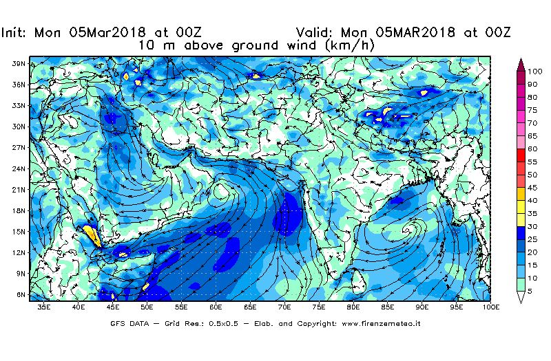 Mappa di analisi GFS - Velocità del vento a 10 metri dal suolo [km/h] in Asia Sud-Occidentale
							del 05/03/2018 00 <!--googleoff: index-->UTC<!--googleon: index-->
