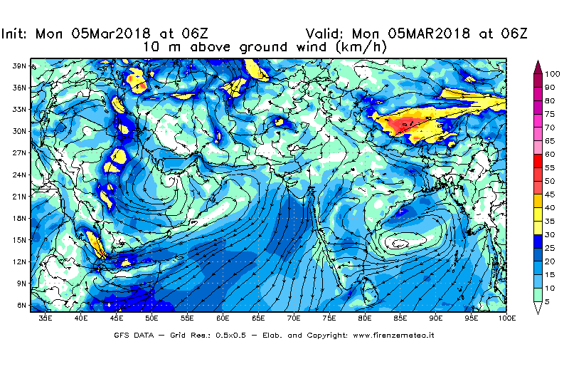 Mappa di analisi GFS - Velocità del vento a 10 metri dal suolo [km/h] in Asia Sud-Occidentale
							del 05/03/2018 06 <!--googleoff: index-->UTC<!--googleon: index-->