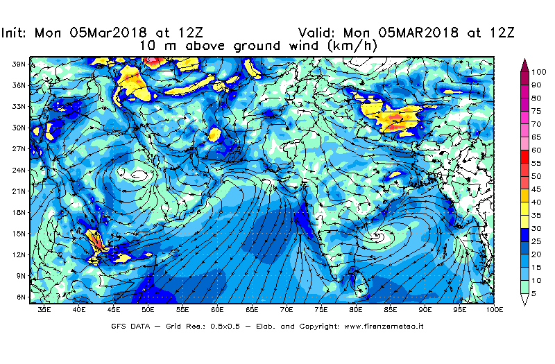 Mappa di analisi GFS - Velocità del vento a 10 metri dal suolo [km/h] in Asia Sud-Occidentale
							del 05/03/2018 12 <!--googleoff: index-->UTC<!--googleon: index-->
