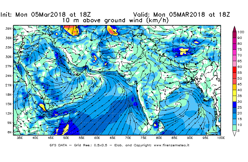 Mappa di analisi GFS - Velocità del vento a 10 metri dal suolo [km/h] in Asia Sud-Occidentale
							del 05/03/2018 18 <!--googleoff: index-->UTC<!--googleon: index-->