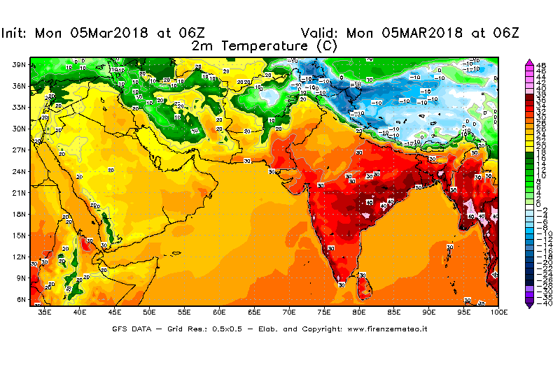 Mappa di analisi GFS - Temperatura a 2 metri dal suolo [°C] in Asia Sud-Occidentale
							del 05/03/2018 06 <!--googleoff: index-->UTC<!--googleon: index-->