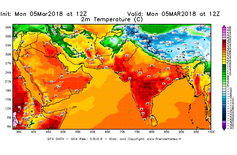 Mappa di analisi GFS - Temperatura a 2 metri dal suolo [°C] in Asia Sud-Occidentale
							del 05/03/2018 12 <!--googleoff: index-->UTC<!--googleon: index-->