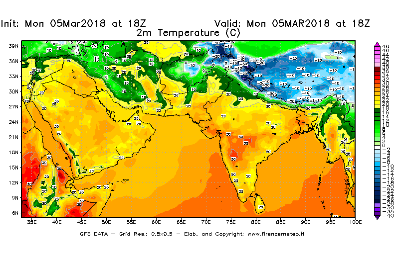 Mappa di analisi GFS - Temperatura a 2 metri dal suolo [°C] in Asia Sud-Occidentale
							del 05/03/2018 18 <!--googleoff: index-->UTC<!--googleon: index-->